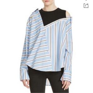 Maje Laivi Layered Button Up Collared Striped Dress Shirt Blue White